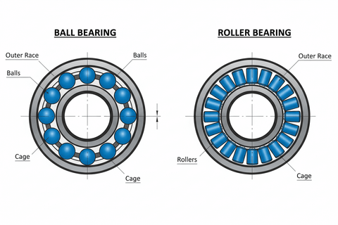 Illustration comparing ball bearing and roller bearing designs, important for understanding The Impact of Bearing Design on Performance.