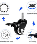 Set Of 4 Heavy Duty 1.5 Inch Stem Casters With 5/16-16 X 1 Inch Threaded Stems Carbon Steel Frame And Polyurethane Wheels Quiet Operation Up To 300 Lbs Per Caster Ideal For Furniture And Equipment On Casters shown with dual locking and 360-degree rotation features.