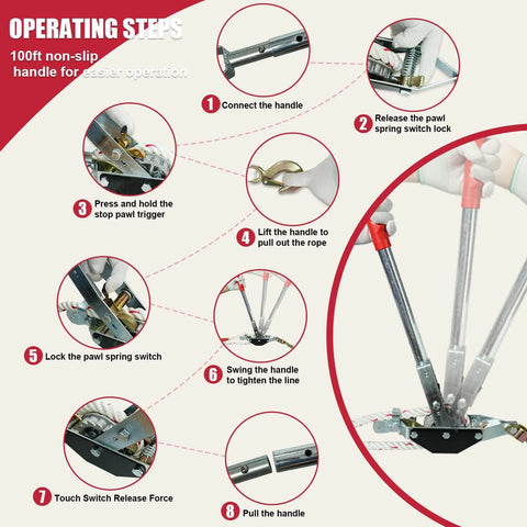 1-1/2 Ton Rope Puller operating steps guide with diagrams showing handle connection, pawl release, and line tightening for boats.