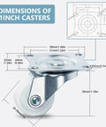 Dimensions of 1" Low Profile Caster Wheels Set of 4 - Quiet Polyurethane Casters for Furniture, 360° Swivel Plate Design.