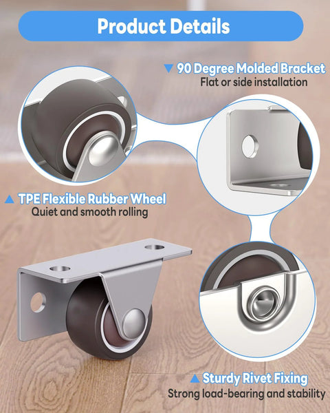 1 Inch Low Profile Casters Wheels Set Of 2 With Side And Top Plate Mounting, Quiet Rubber Castors For Small Cabinets, Furniture.