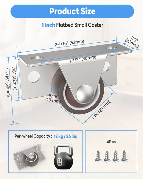 Diagram of 1 Inch Low Profile Casters Wheels Set Of 2 With Side And Top Plate Mounting, showing dimensions and weight capacity.