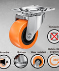 1.5" Casters Set of 8 - Swivel Plate Universal Caster Wheels, Orange Polyurethane (PU), 360° Rotation for Storage Box, Small Furniture, and Kitchen Appliances