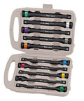 10-Piece Torque Limiting Extension Set in carrying case, Chrome Molybdenum, 1/2-inch drive, 8-inch extensions, assorted colors.