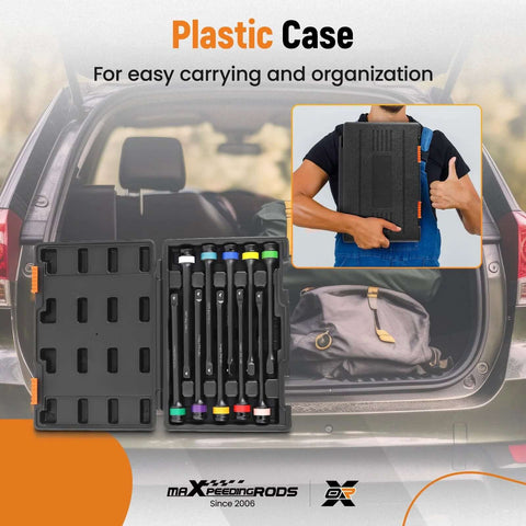 Plastic case with Torque Stick, 10 Piece 1/2" Drive Torque Limiting Extension Bar Set for easy carrying and organization