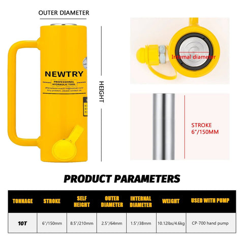 10 ton Hydraulic Jack Cylinder Long Ram 6” Stroke Portable Hydraulic Ram Industrial Lifting Tool Porta Power Retract Automatically