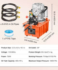 10000 PSI 750W 110V 488 in³/8L Capacity, Double Acting Manual Valve, Electric Driven Hydraulic Pump Power Pack Unit with Lever Switch, Orange, showing components and dimensions.