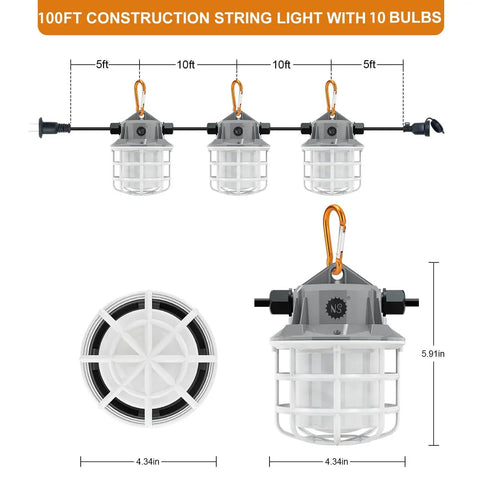 Beefed Up 100ft LED Construction String Lights for Job Sites, Linkable and Hook Ready, 15000 Lumens of Daylight 5000K