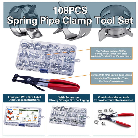 108 Piece Spring Pipe Clamp Set With Tools 9 Sizes 6 To 18mm Spring Hose Clamps For Automotive Marine Gardening And Industrial Applications Silvery Finish Durable Construction For Long Lasting Performance In Automotive And Industrial Environments