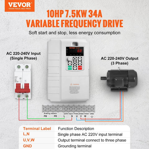 10HP, 7.5KW, 34A, 1 Phase 220V-240V Input to 3 Phase 220V-240V Output Variable Frequency Drive, 0-400Hz VFD for AC Motor Speed Control