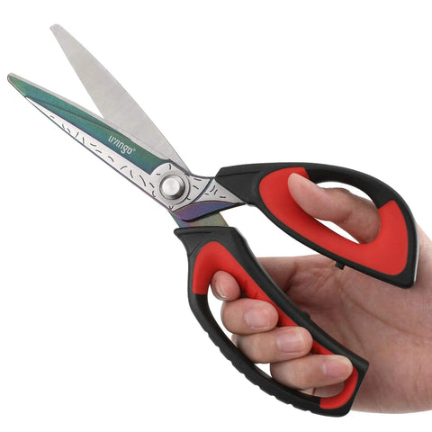 Hand holding 10 Inch Heavy Duty Scissors With Titanium Coating Forged Stainless Steel Blades For Pruning Gardening Fabric And Household Tasks Rust Resistant Multipurpose Shears With Red And Black Handles