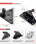 10mm Ball Stud Gas Spring Mounting Bracket Kit with dimensions, L and flat type brackets, screws included