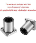 10mm bore square flange linear bearing in a 4 pack with double seals for CNC machines and 3D printers, polished finish, two bearings visible