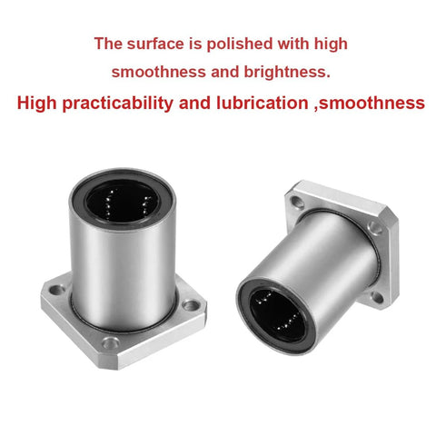 10mm bore square flange linear bearing in a 4 pack with double seals for CNC machines and 3D printers, polished finish, two bearings visible