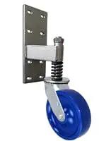 Heavy Duty Spring Loaded Gate Caster Featuring Rock Solid 8 Inch Blue Polyurethane Wheel For Smooth Sliding Gate Track Built Tough Takes 1000 Lbs Load Easy With Quick Mount Hardware.