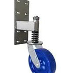 Heavy Duty Spring Loaded Gate Caster Featuring Rock Solid 8 Inch Blue Polyurethane Wheel For Smooth Sliding Gate Track Built Tough Takes 1000 Lbs Load Easy With Quick Mount Hardware showing spring mechanism and mounting plate.