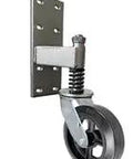 Top Shelf Heavy Duty Spring Loaded Gate Caster with 8 inch rubber on cast iron wheel and adjustable spring mount.
