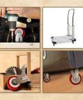 12 Pack 2 Inch Rigid Caster Wheels with red polyurethane tires on a hand truck and installed on various surfaces.
