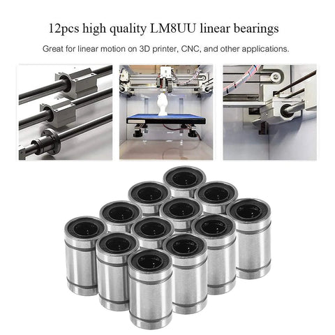 Smooth, low-friction motion for precise CNC guidance with 12mm bore linear bearings featuring double seals in 12-pack.