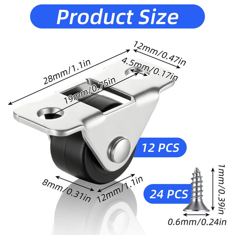12 Pcs Half Inch Fixed Small Caster Wheels Low Profile Rigid Mini Wheels Set With Mounting Screws For Small Furniture Appliances Sliding Doors And DIY Projects High Load Bearing Capacity