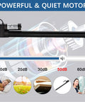 Powerful 12V DC linear actuator with a 4 inch stroke and 660 lb thrust features quiet motor and noise level infographic