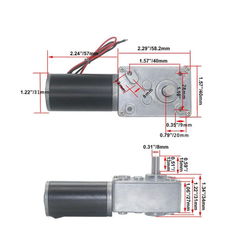 12V DC Worm Gear Motor 5rpm Self Locking Geared Motor With 8mm Output Shaft shown with measurements for detailed DIY projects