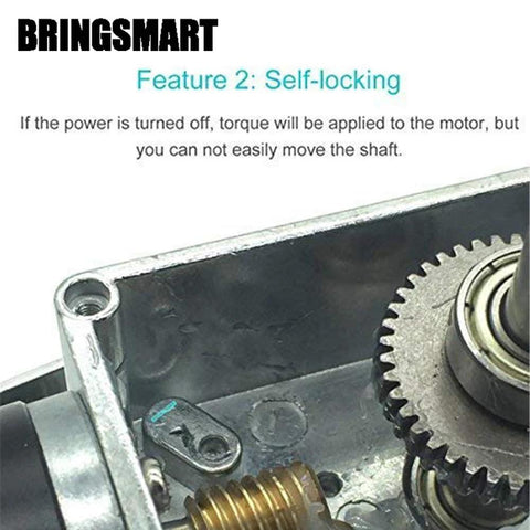 Close-up of 12V DC Worm Gear Motor 5rpm Self Locking Geared Motor with visible internal gears, highlighting self-locking feature.