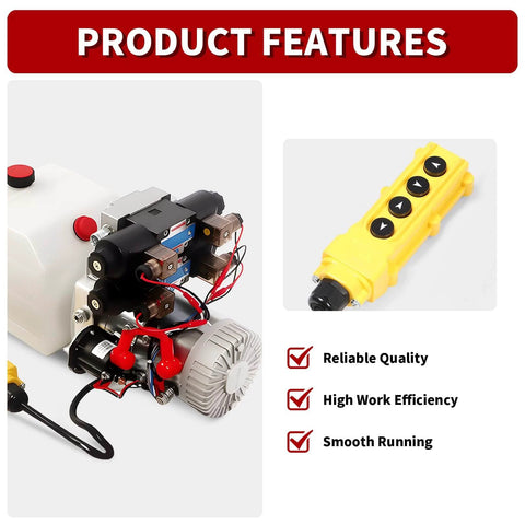 Close-up of 12V DC 4.5Liter Reservoir Hydraulic Power Pump Double Acting 4 Way Unit showing features and yellow remote.