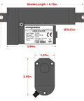 Diagram of a 12 Volt Linear Actuator Kit 225 Lbs With Wireless Remote Control DPDT Switch And Mounting Brackets, dimensions labeled.