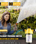 Woman using 33-Series Professional Grade Water Pump - 12V DC Diaphragm Pump, 4.0GPM, 50PSI, self-priming, for garden irrigation.