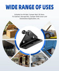 13mm Ball Head Gas Struts Mounting Bracket Set with wide range of uses for autos, cabinets, and more shown in circular infographic.