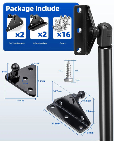 13mm Ball Head Gas Struts Mounting Bracket Set with Angled and Flat Mounts Includes 16 Screws and Four Piece Set