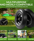 16 Inch Flat Free PU Tire 2 Pack heavy duty solid polyurethane replacement wheels for garden carts and wheelbarrows.