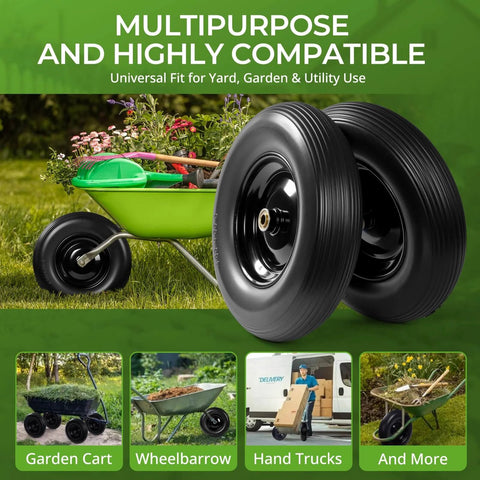 16 Inch Flat Free PU Tire 2 Pack heavy duty solid polyurethane replacement wheels for garden carts and wheelbarrows.