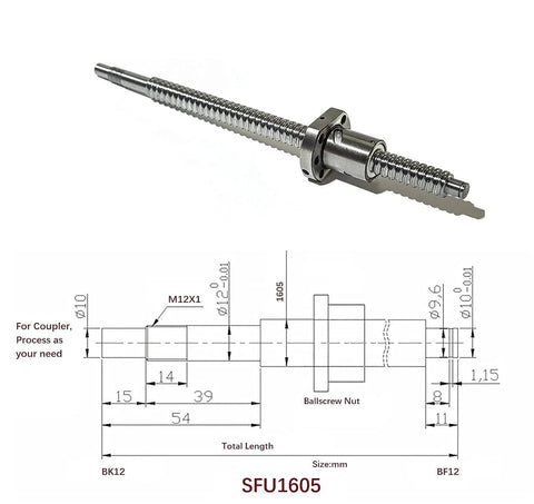 Diagram of 16mm Anti Backlash Ballscrew Kit SFU1605 RM1605 with dimensions, showing ball screw nut and supports for CNC precision.