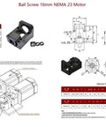 Technical drawing and components of 16mm CNC Ballscrew Kit SFU1605 RM1605 Anti-Backlash with NEMA 23 motor bracket.