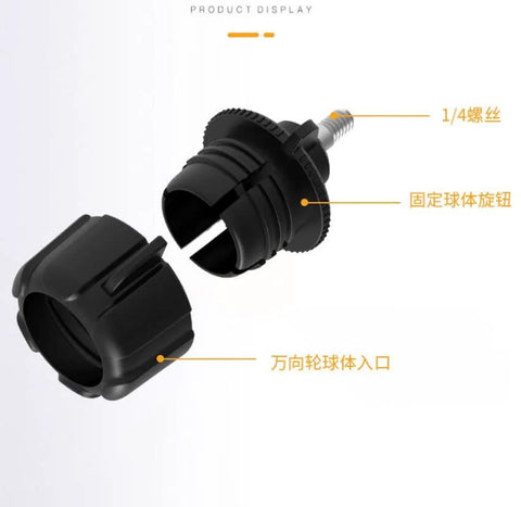 Three Pack 17mm Ball Joint Socket To 1/4 Inch 20 Screw Mount Adapter for tripods, showing parts and connections.