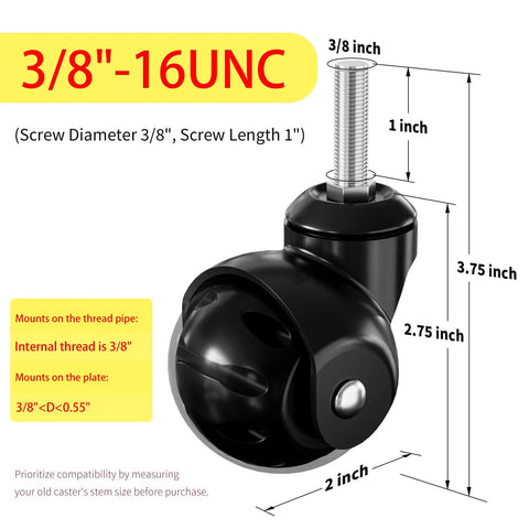 2 Inch Ball Caster Wheels With Threaded Stem Stem Diameter Three Eighths Inch And Stem Length One Inch Heavy Duty 1200 Lbs Swivel Castors