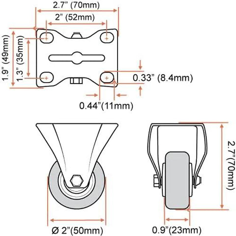 Technical diagram of 4 Pack 2 Inch Caster Wheels With Dual Locking Brakes 2 Rigid Non Swivel Fixed And 2 Swivel With Brakes