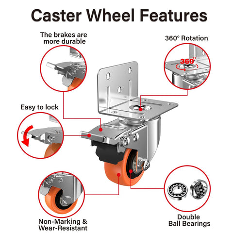 2-Inch L-Shaped Side Mount Caster Wheels Set Of Four Heavy Duty Casters With Brake Double Bearing Polyurethane Wheels features