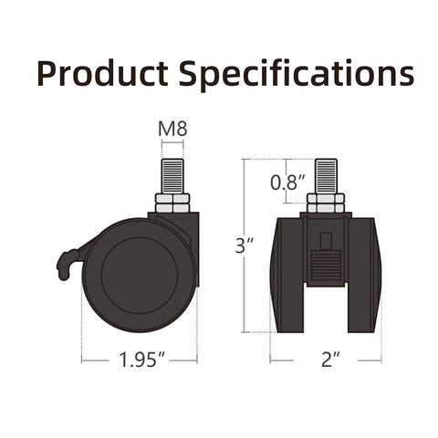 Product diagram of Four Pack 2 Inch Locking Swivel Casters With M8 Threaded Stem showing dimensions and specifications.