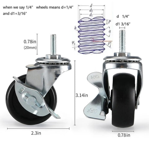 Two Inch Rubber Casters With One Quarter Twenty Threaded Stem For Carts And Wire Shelving NSF Listed Includes Two Locking And Two Non Locking Wheels With Combined Load Rating Of 360 Pounds For Four Wheels, showing front and side view.