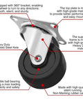 Close-up of 24 Pack 2 Inch Swivel Caster Wheels With Hard Rubber Base Top Plate And Bearing, 85 Lbs Per Caster Load Capacity, showing features.
