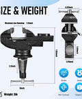 Diagram of a 2 Inch Table Vise with dimensions and features shown, made of cast steel for woodworking and crafts. Weight: 3 lb.