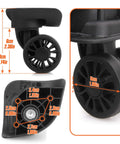 Close-up image of 2 Pcs Luggage Replacement Wheels Model A208 with 360 Degree Swivel Rubber Spinner Casters dimensions and details.