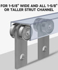 2 Wheel Trolley Assembly Rollers with Dual Bearings for 1-5/8 Inch & Taller Strut Channel, side view on track