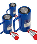 Three blue 20 Ton Hydraulic Cylinder Ram Single Acting 4 Inch Stroke jacks with red caps, front view, highlighting size and design.