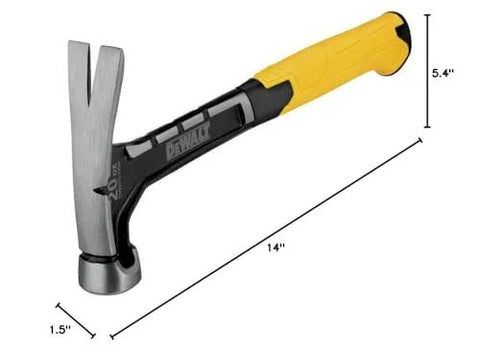 Efficient 20 oz rip claw hammer designed for framing and demolition delivers reliable driving power and fast nail removal on rough job sites, featuring a one piece forged steel body and steel face for durable, dependable performance. Front view with dimensions.