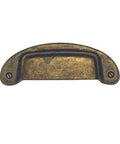 Hearty Vintage Cup Bin Pull For Kitchen Cabinets And Drawers, Heavy Duty Zinc Hardware With Antique Brass Distressed Finish, top view.