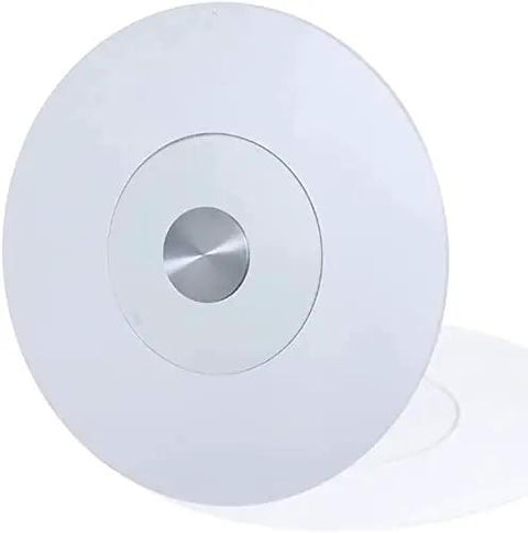 Slick Tempered Glass Lazy Susan Turntable For Kitchen Or Dining Table Hella Sturdy Rotating Serving Tray Smooth Spins Heavy Duty Round Plate Holder, white round plate with stainless center.
